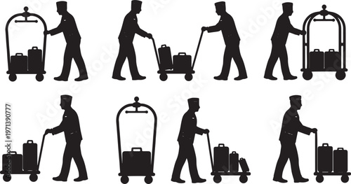 Black Solid Hotel Bellhops Pushing Carts Silhouettes Set of Six on White Background