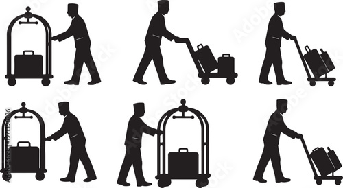 Black Solid Hotel Bellhops Pushing Carts Silhouettes Set of Six on White Background