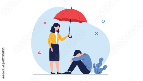 Compassionate woman holding a red umbrella over a sad man sitting on the ground representing empathy, support, and mental health care.