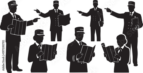 Black Solid Hotel Guest Concierge Silhouettes Set of Six on White Background