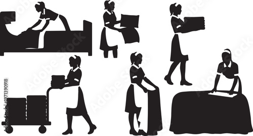 Black Solid Hotel Maid Housekeeper Silhouettes Set of Six on White Background