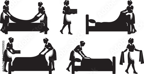 Black Solid Hotel Maid Housekeeper Silhouettes Set of Six on White Background