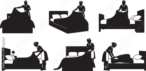 Black Solid Hotel Maids Making Beds Silhouettes Set of Six on White Background