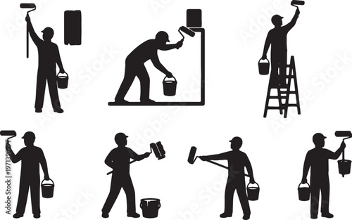 Black Solid House Painter Decorator Silhouettes Set of Six on White Background