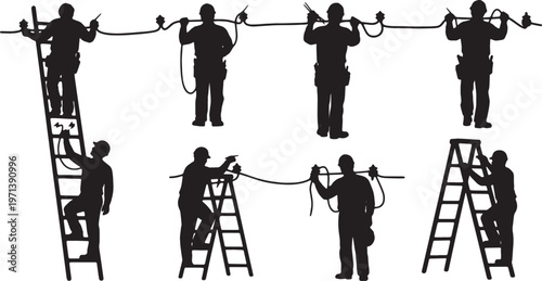 Black Solid House Painter Decorator Silhouettes Set of Six on White Background