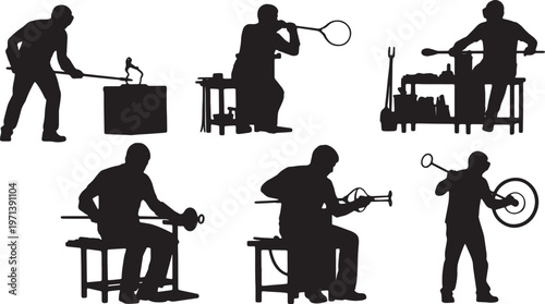 Black Solid Indoor Artisan Glassblower Silhouettes Set of Six on White Background