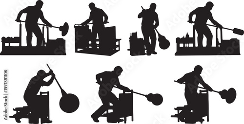 Black Solid Indoor Artisan Glassblower Silhouettes Set of Six on White Background