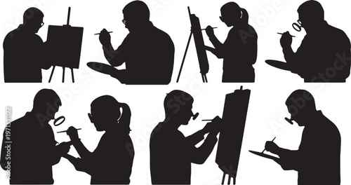 Black Solid Indoor Art Restoration Expert Silhouettes Set of Six on White Background