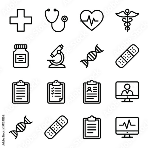 Professional healthcare icon bundle, monochrome outline vector icons, consistent stroke width