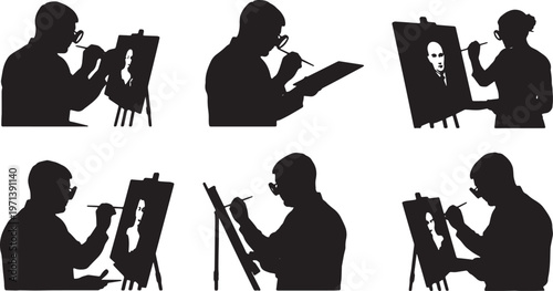 Black Solid Indoor Art Restoration Expert Silhouettes Set of Six on White Background