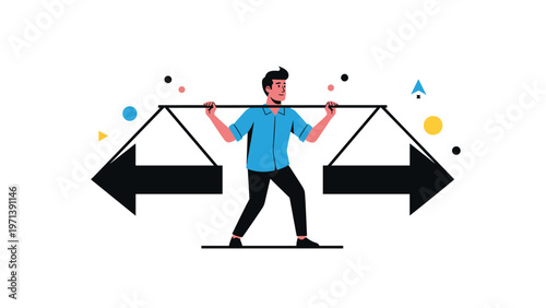 Determined man balances two large opposing arrows on his shoulders representing choice and weight of decision making.