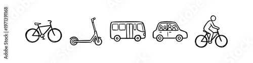 Hand-drawn doodle icons representing various transportation modes including a bicycle, electric scooter, bus, car, and person cycling. Perfect for urban mobility and travel concepts.