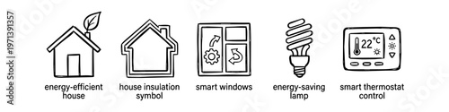 Hand-drawn set of energy efficiency and smart home icons including eco house, insulation, smart windows, energy-saving bulb, and thermostat control. Black line art on a white background.