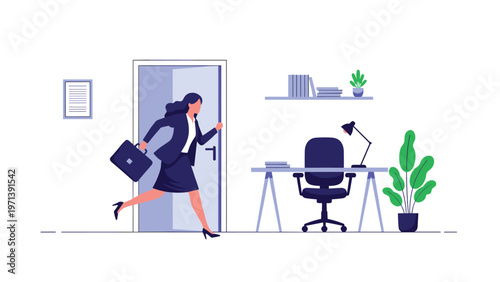 Determined businesswoman with a briefcase runs out of her office door toward a new opportunity or late meeting.