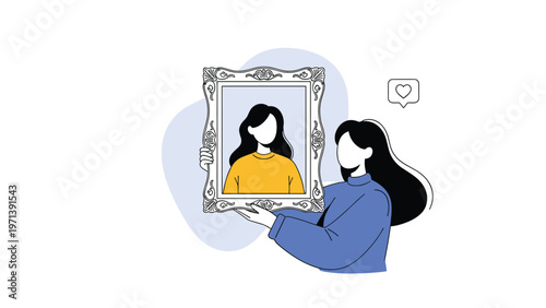 Creative woman holds up an ornate picture frame containing a minimalist portrait of herself as a form of art.
