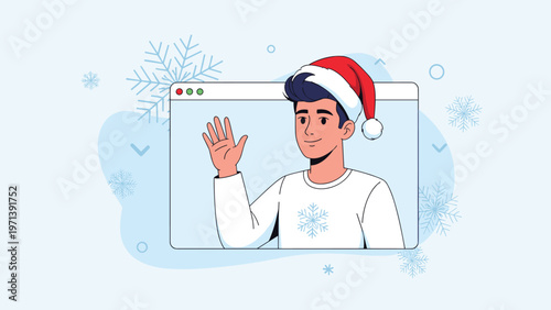 Friendly man in a red Santa hat waves through a computer browser window surrounded by decorative snowflakes.