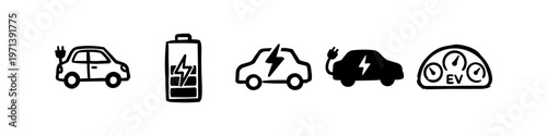 Hand-drawn doodle icons of electric vehicles, battery charging, and EV dashboard. Minimalist black ink sketch set for sustainable transport and green energy concepts.