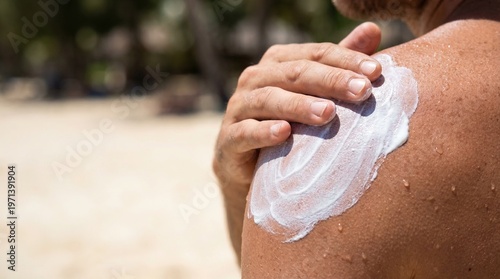Fotografie A hand applying white sunscreen cream onto another person's shoulder at the beach