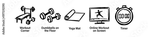 Hand-drawn black line art icons representing home fitness: workout bench, dumbbells, yoga mat, online training on screen, and a timer. Minimalist doodle style on a white background.