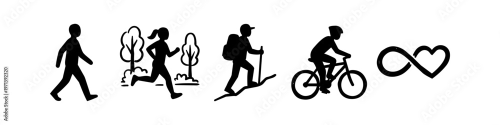 Obraz premium A set of black silhouettes depicting walking, running, hiking, and cycling with an infinity heart symbol, representing a lifelong commitment to a healthy and active lifestyle.