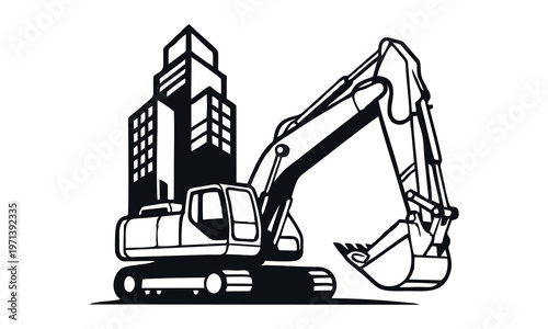 An excavator demolishes a city building site with heavy machinery.
