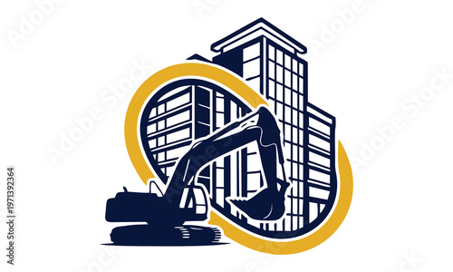 Construction site with excavator demolishes old building in city