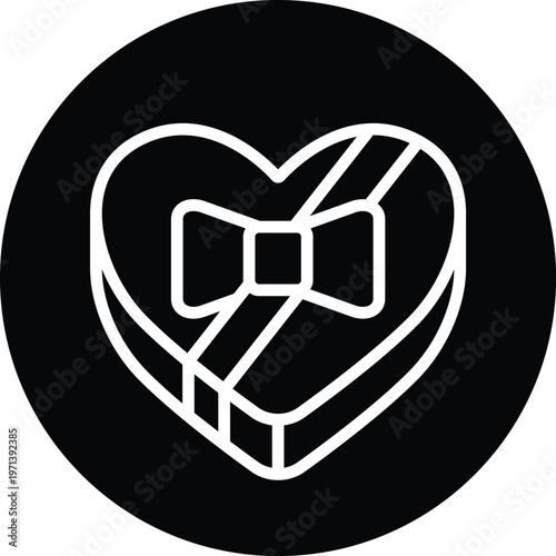 Valentine chocolate box icon white line art on black circle background vector graphic illustration