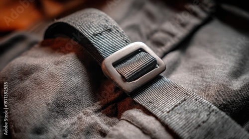Brushed metal seatbelt buckle tongue on a dark fabric strap, a safety mechanism for vehicles.