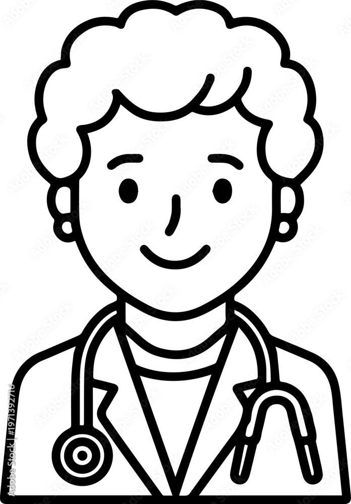 Fototapeta premium Hand Drawn Elderly Female Doctor Black and White Illustration in Minimal Line Art Style Design