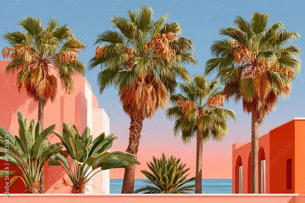 Fototapeta premium Sunset palms and pink sky above pastel Mediterranean buildings by the ocean