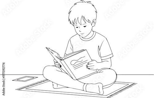 Child Sitting on Floor Reading Book at Home Calm Learning Moment Minimal Line Art Illustration