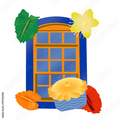 Historic colonial window from Goias with traditional Empadao savory pie and native Cerrado foliage