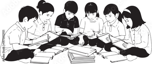 Kids Group Study Reading Books Together Classroom Teamwork Learning Outline Drawing