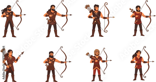 Archer silhouettes demonstrate archery skills with bows and arrows in.