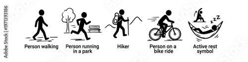 Set of minimalist black stick figure icons for outdoor activities: walking, running, hiking, cycling, and active rest in a hammock. Ideal for fitness, wellness, and healthy lifestyle designs.