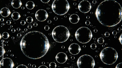 Quadro em tela Air bubbles in liquid on black background, abstract macro texture with circular