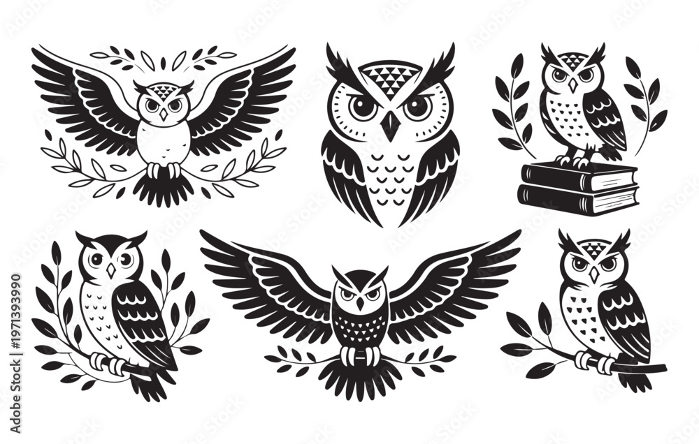 Fototapeta premium Owl Silhouettes with Leaves and Books
