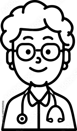 Hand Drawn Elderly Female Doctor Black and White Illustration in Minimal Line Art Style Design