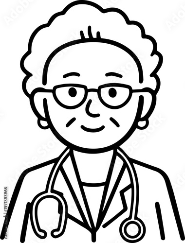 Hand Drawn Elderly Female Doctor Black and White Illustration in Minimal Line Art Style Design