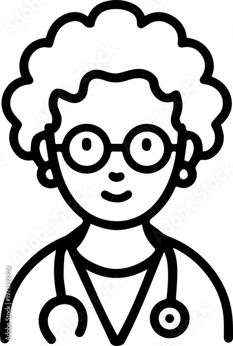 Hand Drawn Elderly Female Doctor Black and White Illustration in Minimal Line Art Style Design