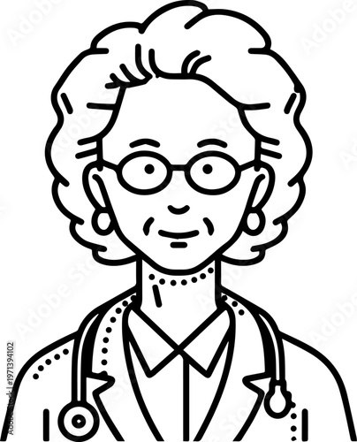 Hand Drawn Elderly Female Doctor Black and White Illustration in Minimal Line Art Style Design
