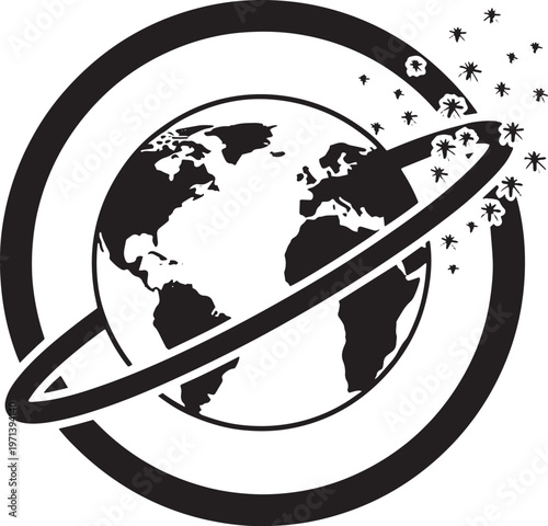 Earth globe with satellite rings and swirling stars around, global space exploration concept, celestial body diagram with orbital elements