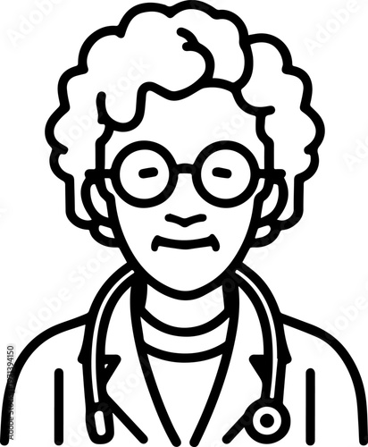 Hand Drawn Elderly Female Doctor Black and White Illustration in Minimal Line Art Style Design