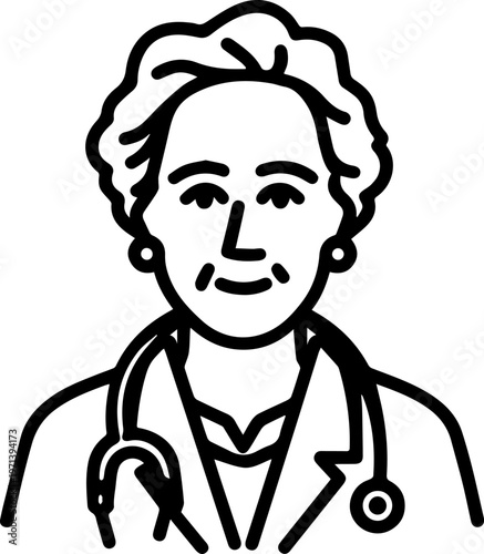 Hand Drawn Elderly Female Doctor Black and White Illustration in Minimal Line Art Style Design