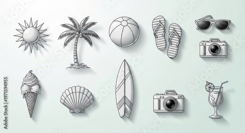 Summer Vacation Icons on White Background