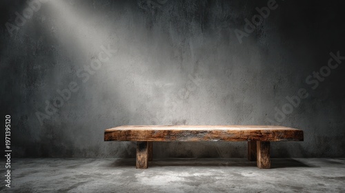 Wooden bench against a concrete wall spotlight