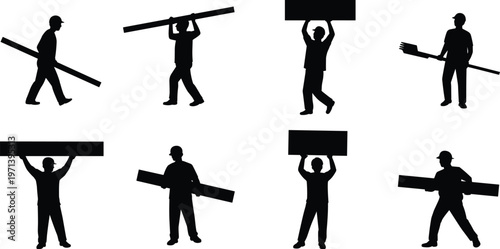 construction worker silhouettes carrying beams lifting load labor industrial builder people black isolated vector illustration set collection