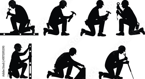 construction worker silhouettes kneeling hammer tools drilling measuring builder labor industrial people black isolated vector illustration set collection