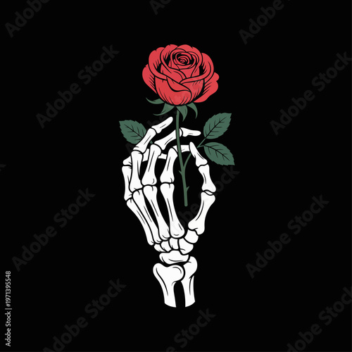 A striking illustration depicts a skeletal hand gently holding a vibrant red rose symbolizing fragility and beauty on transparent background high-quality.