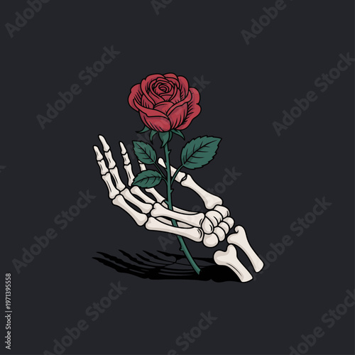 A striking illustration depicts a skeletal hand gently holding a vibrant red rose symbolizing fragility and beauty on transparent background high-quality.